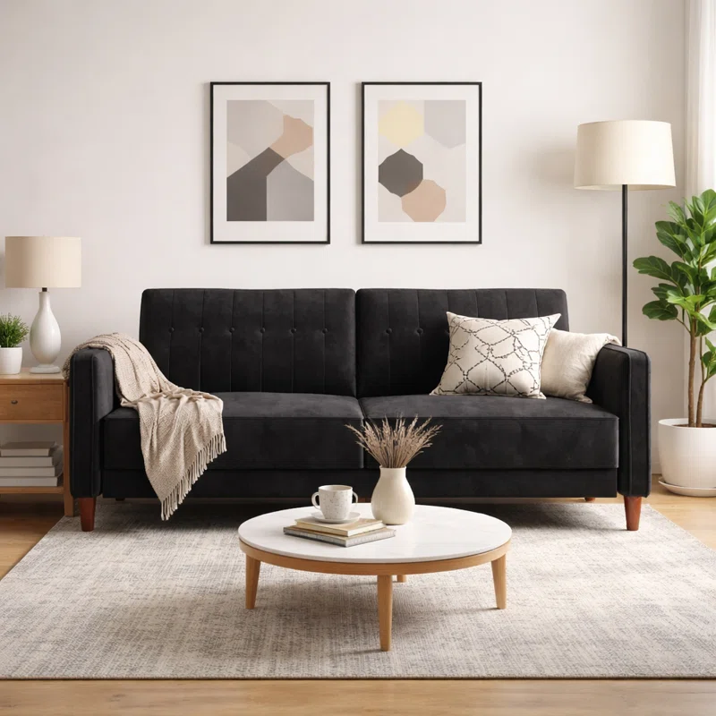 Perdue+81.5_+Velvet+Square+Arm+Convertible+Sofa-1134429059