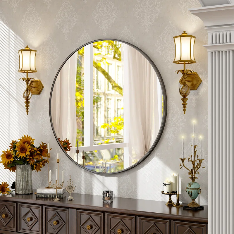 Bhagwanaram Aluminum Framed Round Bathroom Mirror Wall Mounted Vanity Mirror